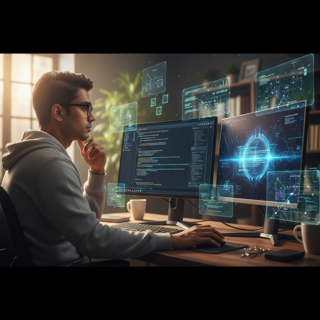 A developer at a dual-monitor workstation, one screen showing traditional code editor, the other displaying an AI assist