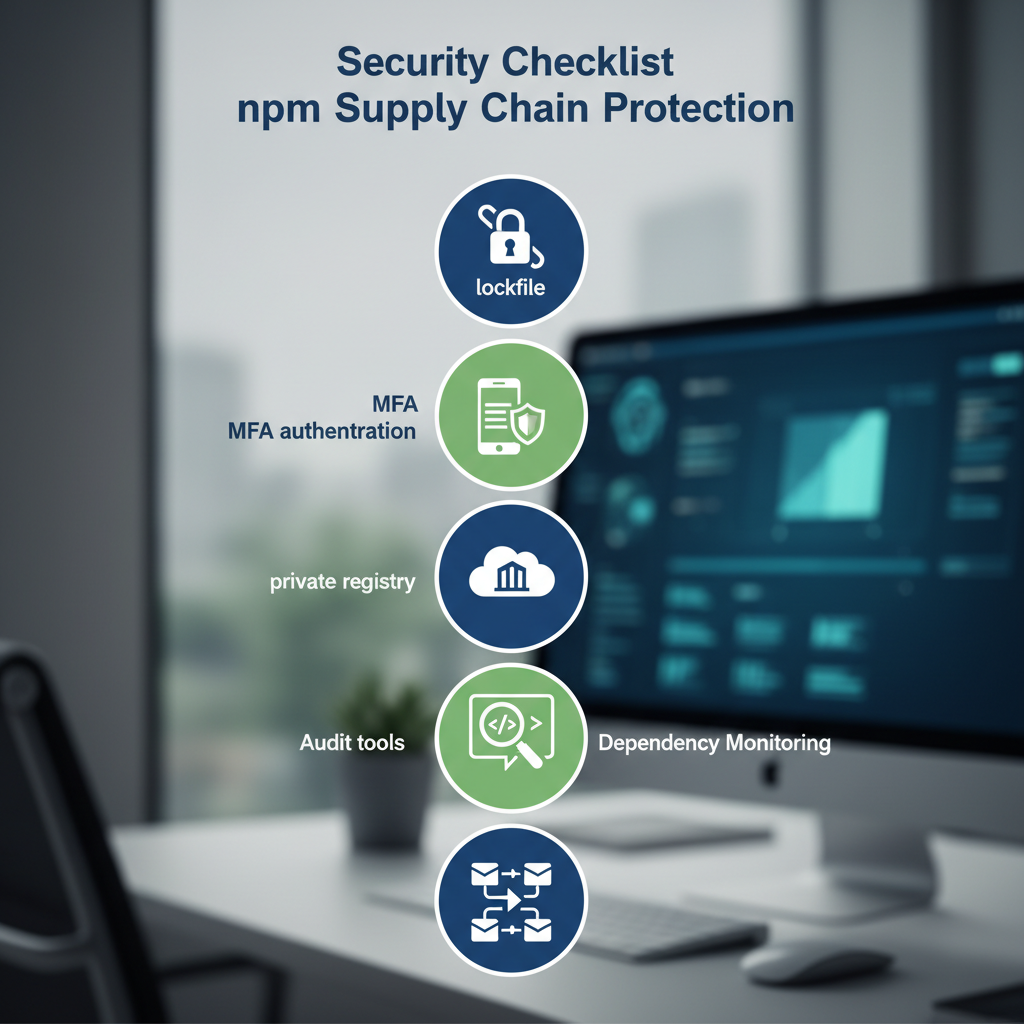 A clean and professional infographic showing a security checklist for npm supply chain protection, featuring icons for l