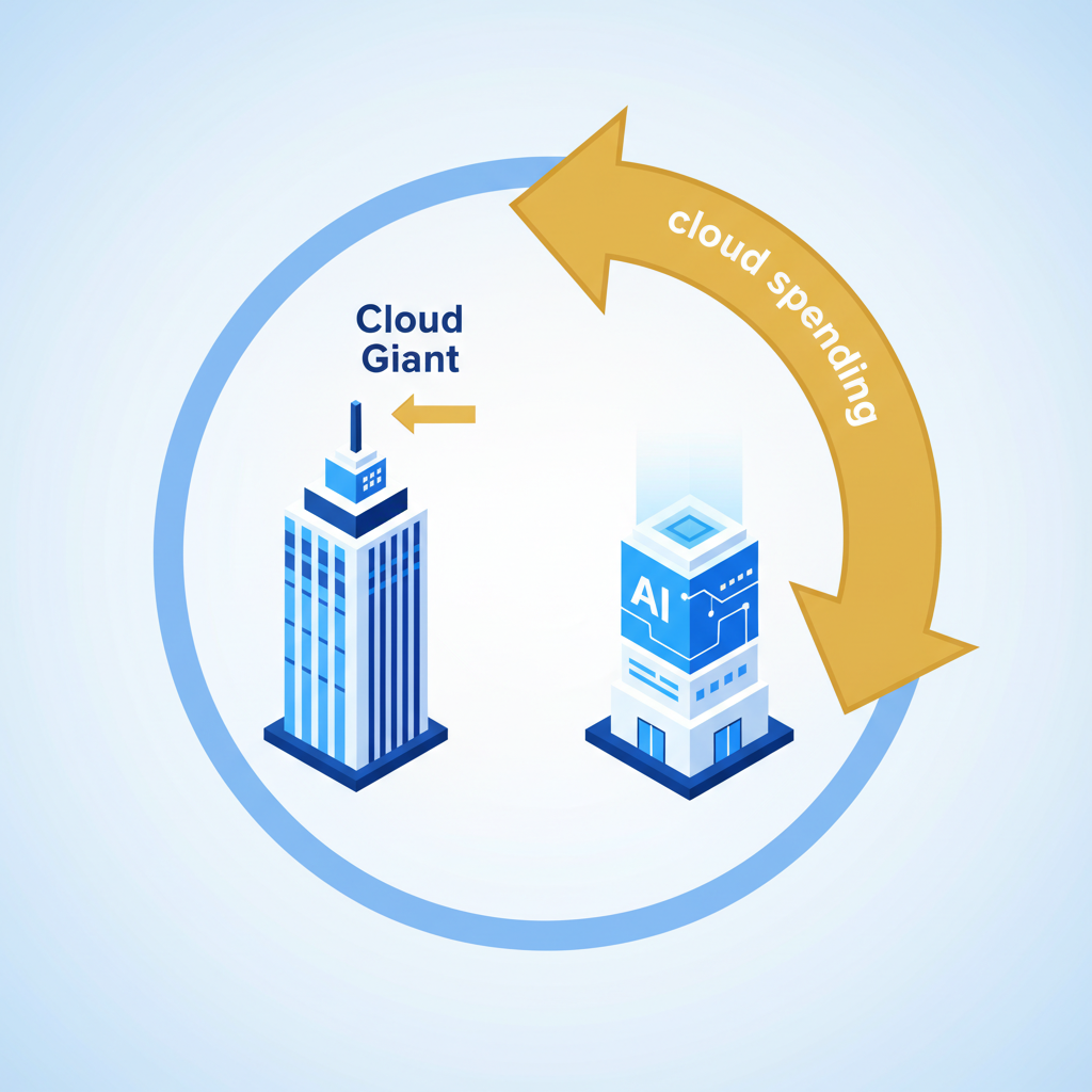 An infographic-style illustration showing a circular flow diagram: a large dollar sign flows from a corporate skyscraper