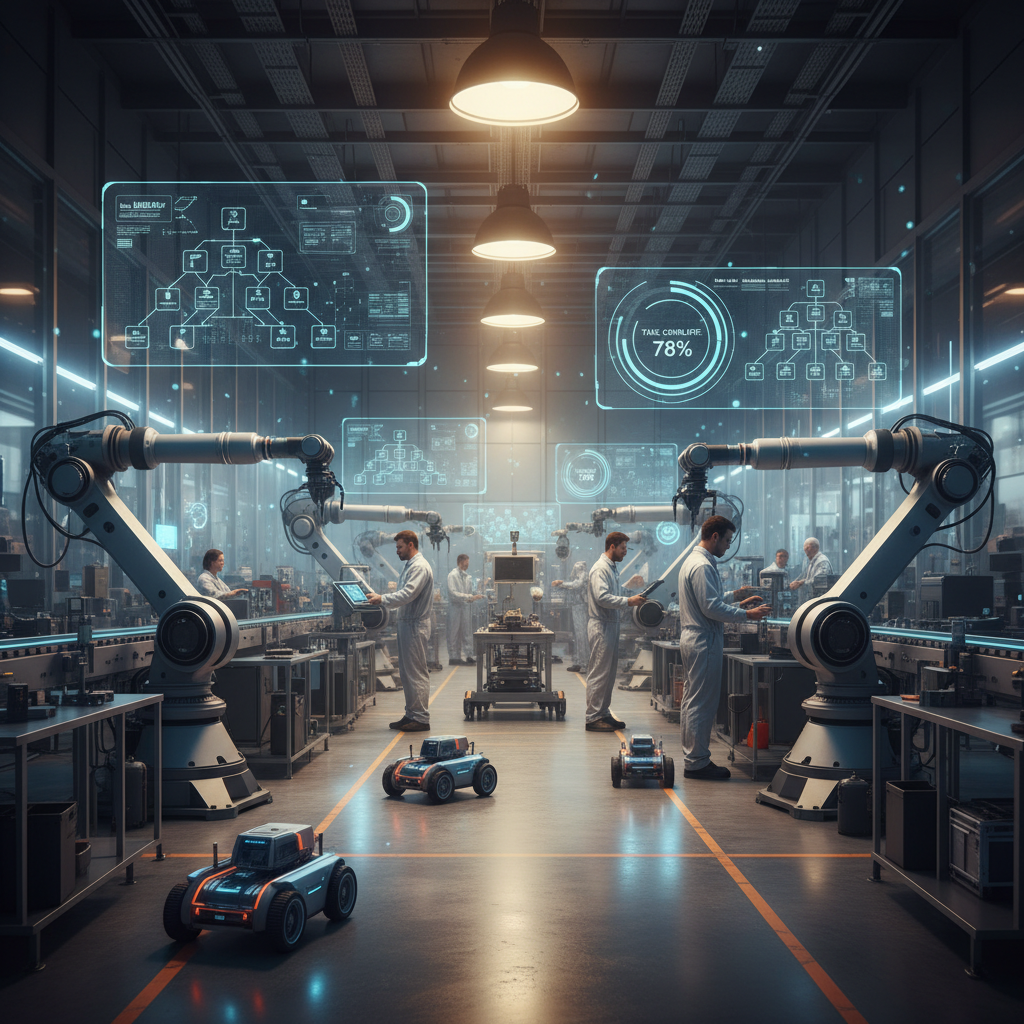 A wide-angle view of a modern smart factory floor where multiple robots of different shapes and sizes work autonomously 