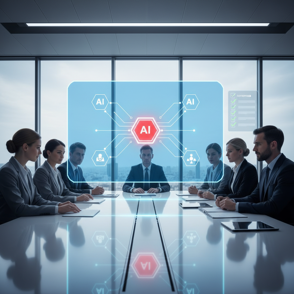 A clean, professional infographic-style illustration showing a corporate boardroom with executives looking at a large ho