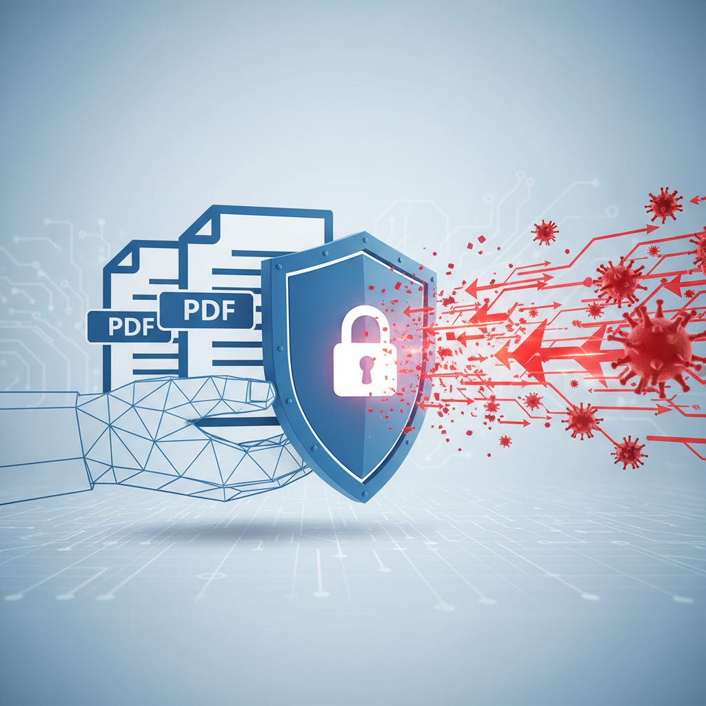 A powerful symbolic illustration of a human hand holding a shield with a padlock symbol, protecting a stack of PDF docum