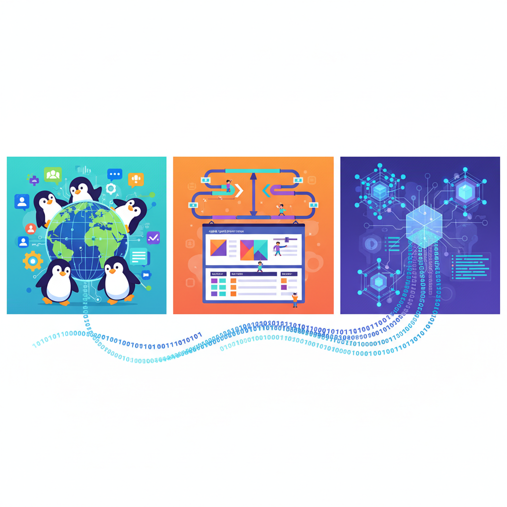 A split timeline illustration showing three eras of software engineering: on the left, open source collaboration with Li