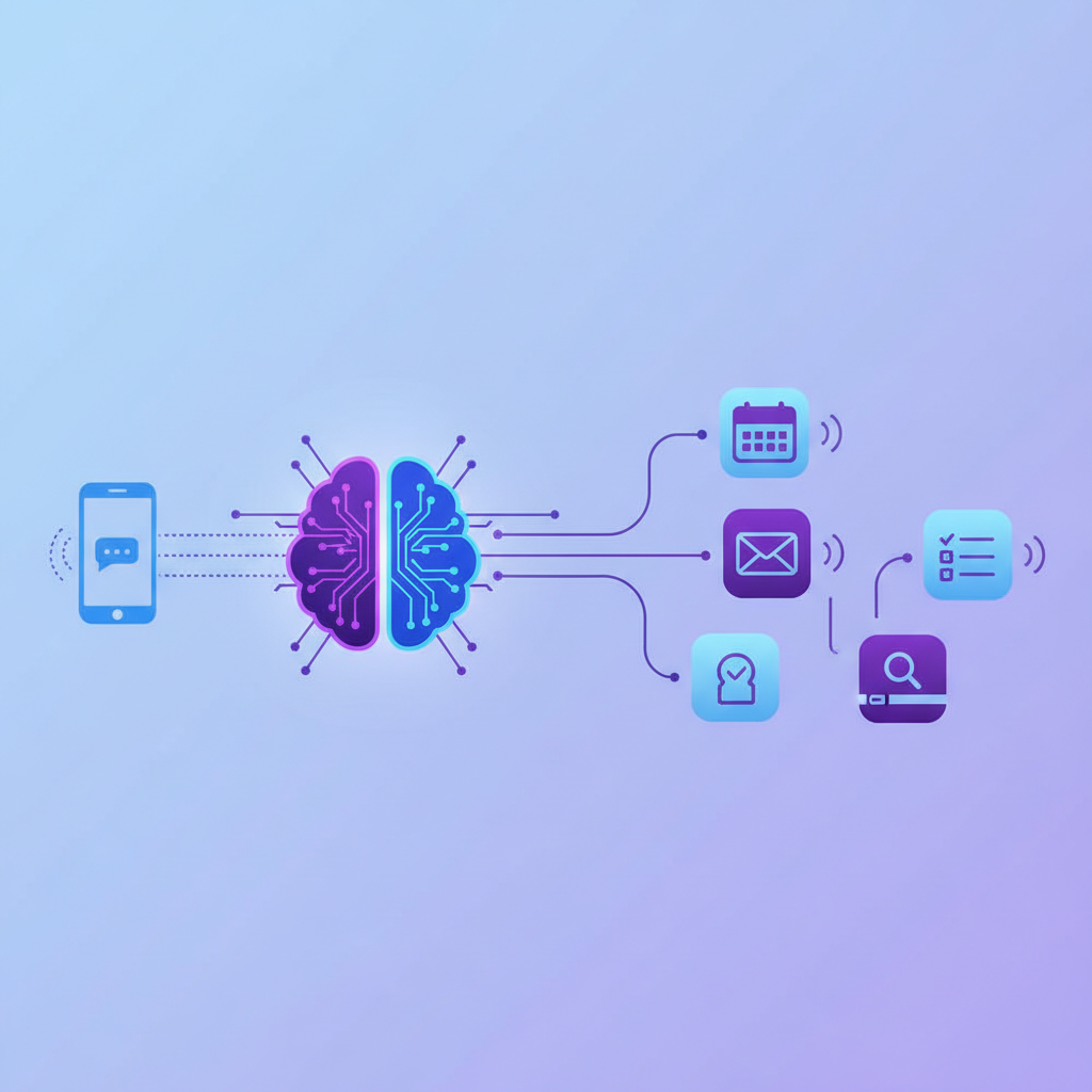 A clean step-by-step diagram showing a smartphone sending a text message, then an AI brain processing it, then multiple 