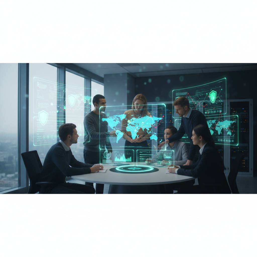 A professional cybersecurity team in a modern operations center, diverse group of engineers analyzing holographic dashbo