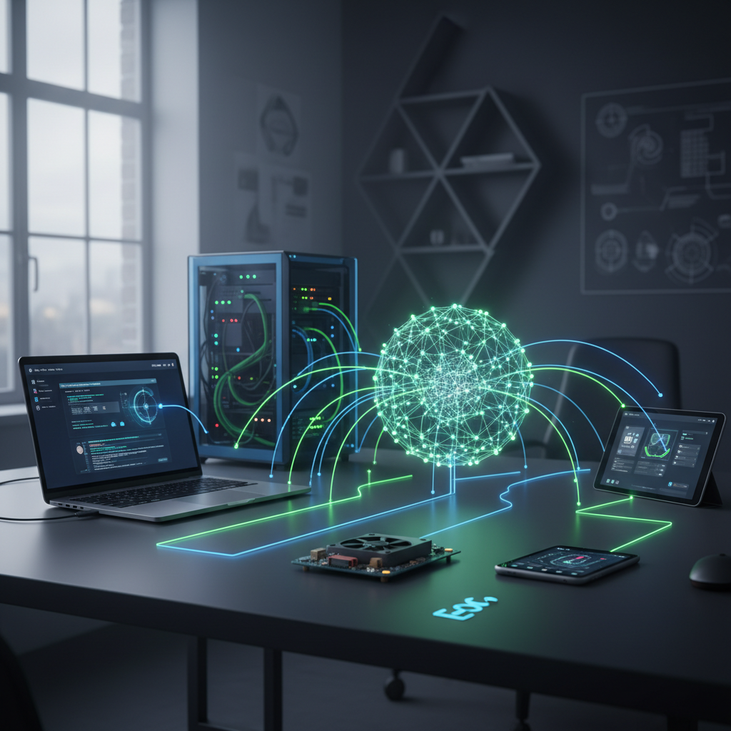 A developer workspace illustration showing multiple deployment pathways for an AI model: a laptop running local inferenc