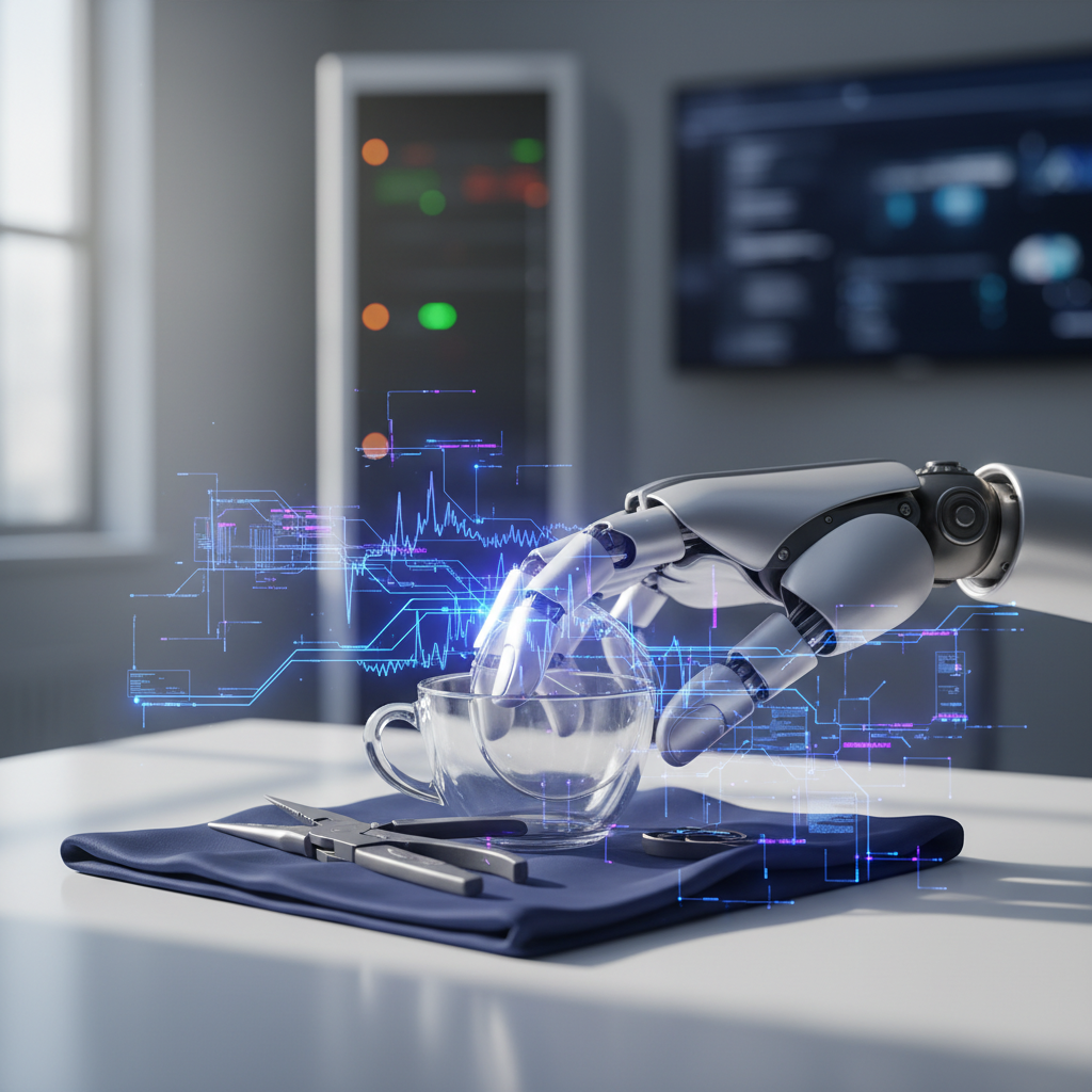 A detailed close-up of a robots mechanical hand delicately manipulating various objects — a cup, a tool, a piece of fabr